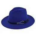 Detailed view of royal blue wool felt fedora with black leather band and silver buckle - M (56-58cm) / Blue