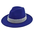 Detail of the blue fedora hat with white pearl braided band decoration - M (56-58cm) / Blue