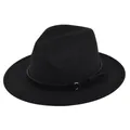 Top-down view of black wool fedora featuring a fine band with a gold metal ring detail - M(56-58cm) / Black