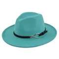 Detail of teal wool fedora hat featuring a black leather band and silver metal buckle - M (56-58cm) / Lake Blue