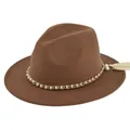 Detail of brown fedora hat featuring gold chain link and white pearl fringe accents - M / Dark Khaki