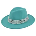 Detail showing layers of white pearl beads on a teal wool felt fedora jazz hat - M (56-58cm) / Lake Blue