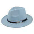 Detailed view of the light blue fedora felt hat featuring a black belt and silver buckle - M (56-58cm) / Sky Blue