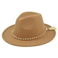 Detailed texture of khaki wool fedora with gold chain, white pearls and tassel accent - M / Khaki