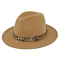 Dettaglio di un cappello fedora in lana kaki con fascia leopardata e fibbia in argento - M (56-58cm) / Cachi
