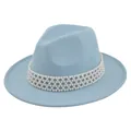 Close-up of light blue wool fedora hat featuring multi-layered pearl band decoration - Sky Blue