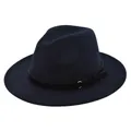Detail of navy blue felt fedora showing decorative black band and gold metal ring buckle - M(56-58cm) / Navy Blue