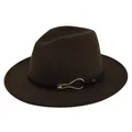 Detail of dark brown wool fedora featuring a black leather band and golden buckle - M (56-58cm) / Coffee