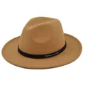 Detail of camel wool fedora with black leather band and silver metal stud embellishments - M (56-58cm) / Khaki