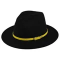 Detail of black wool fedora featuring a vibrant yellow leather strap with silver buckle - M (56-58cm) / Black