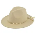 Detail of beige fedora hat featuring gold chain, white pearls, and matching side tassels - M / Beige