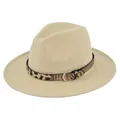 Dettaglio cappello fedora in lana beige con cintura leopardata e fibbia in metallo argento - M (56-58cm) / Beige