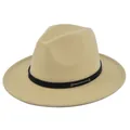 Close-up of beige wool fedora hat with black rivet leather band and white stitching - M (56-58cm) / Beige