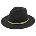 Detail of black wool fedora hat featuring a contrast yellow leather strap with silver buckle - M (56-58cm) / Dark Gray
