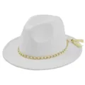 Detail view of white wool felt fedora featuring gold chain, pearls and tassel trim - M / White