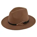 Detailed texture of brown wool felt fedora featuring black leather band and gold buckle - M (56-58cm) / Dark Khaki