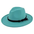 Detail view of the teal wool fedora hat featuring a black belt and silver metal buckle - M(56-58cm) / Lake Blue
