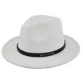 Detailed macro of white wool fedora hat featuring black leather band and silver metal buckle - M (56-58cm) / White