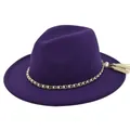 Detail view of purple wool fedora hat with gold chain, white pearls and beige tassels - M / Purple