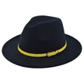 Detail of navy wool fedora hat featuring contrast yellow leather belt with silver buckle - M (56-58cm) / Navy Blue