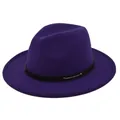 Detailed view of purple wool fedora hat with studded black leather band and metal rivets - M (56-58cm) / Purple