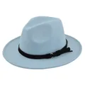 Detail of light blue felt fedora hat featuring a black faux suede band and silver buckle - M(56-58cm) / Sky Blue