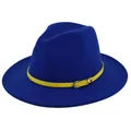 Close-up of royal blue wool fedora hat with contrast yellow belt buckle detail - M (56-58cm) / Blue