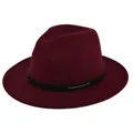 Detail of burgundy fedora hat with black leather band, silver rivets and white stitching - M (56-58cm) / Burgundy