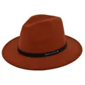 Macro view of dark orange wool felt fedora hat featuring black belt and silver metal studs - M (56-58cm) / Rust red