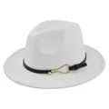Detail of white felt fedora hat featuring black leather band and gold metal buckle - M (56-58cm) / White