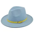 Close-up of light blue wool fedora hat featuring a bright yellow leather belt buckle - M (56-58cm) / Sky Blue