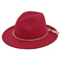 Detailed view of a red wool fedora featuring an elegant gold-rimmed pearl chain and tassel - M / Red