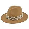 Close-up of khaki wool fedora hat with five rows of shiny pearl decorative bands - M (56-58cm) / Khaki