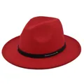 Detail view of red wool fedora hat with black leather band and silver metal studs - M (56-58cm) / Red