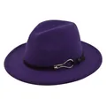 Close-up of deep purple wool felt fedora featuring a black leather band and silver metal buckle - M (56-58cm) / Purple