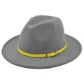 Detailed view of the yellow leather belt buckle on a classic grey felt fedora hat - M (56-58cm) / Light Gray