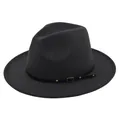 Λεπτομέρεια μαύρου μάλλινου καπέλου fedora με δερμάτινη ζώνη και χρυσά τρουκς - M(56-58cm) / σκούρο γκρι