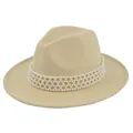 Detail of elegant beige felt fedora hat featuring a four-row pearl bead decoration band - M (56-58cm) / Beige
