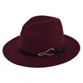 Macro detail of burgundy wool fedora hat featuring black leather band and gold buckle - M (56-58cm) / Burgundy