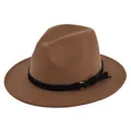 Close-up of brown wool fedora hat featuring a black belt with gold ring and tassel detail - M(56-58cm) / Dark Khaki