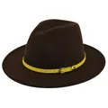 Detail of dark brown wool fedora hat featuring a bright yellow leather strap with metal buckle - M (56-58cm) / Coffee