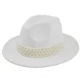 Detailed view of elegant white wool felt fedora featuring multi-layer pearl embellishment - M (56-58cm) / White