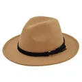 Macro detail of camel wool felt fedora featuring a black ribbon and gold buckle accent - M(56-58cm) / Khaki