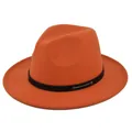 Detail of orange wool felt fedora hat featuring black leather band and metal buckle - M (56-58cm) / Orange Red