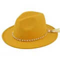 Detail of yellow wool fedora hat with gold pearl chain trim and stylish side tassels - M / Yellow