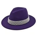 Detail of purple wool fedora hat featuring a premium five-row white pearl decorative band - M (56-58cm) / Purple