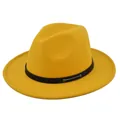 Detailed close-up of a yellow wool fedora hat with black leather band and silver studs - M (56-58cm) / Yellow