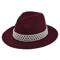 Detail of burgundy wool fedora featuring multi-layer white pearl decorative band - M (56-58cm) / Burgundy