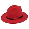 Macro shot of red felt fedora hat featuring a black leather belt with gold metal buckle - M (56-58cm) / Red
