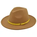 Detailed view of camel wool fedora hat featuring a bright yellow leather strap and buckle - M (56-58cm) / Khaki